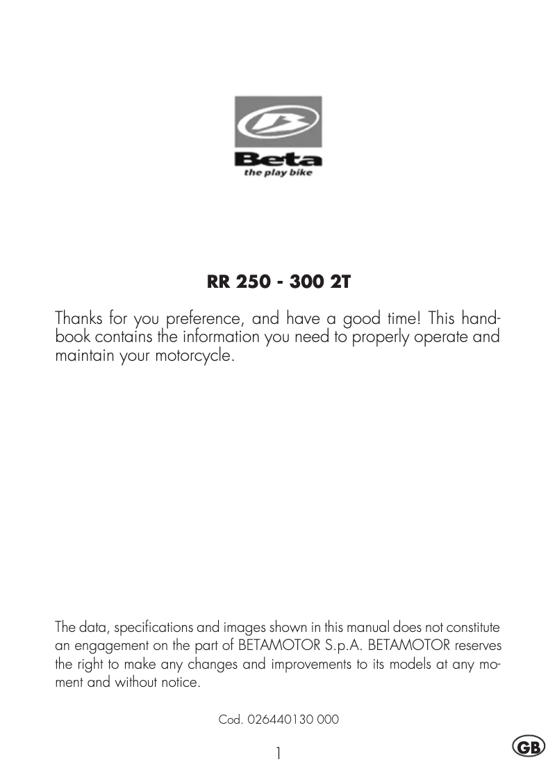 Page n°1 - Manuel utilisateur Beta RR 300