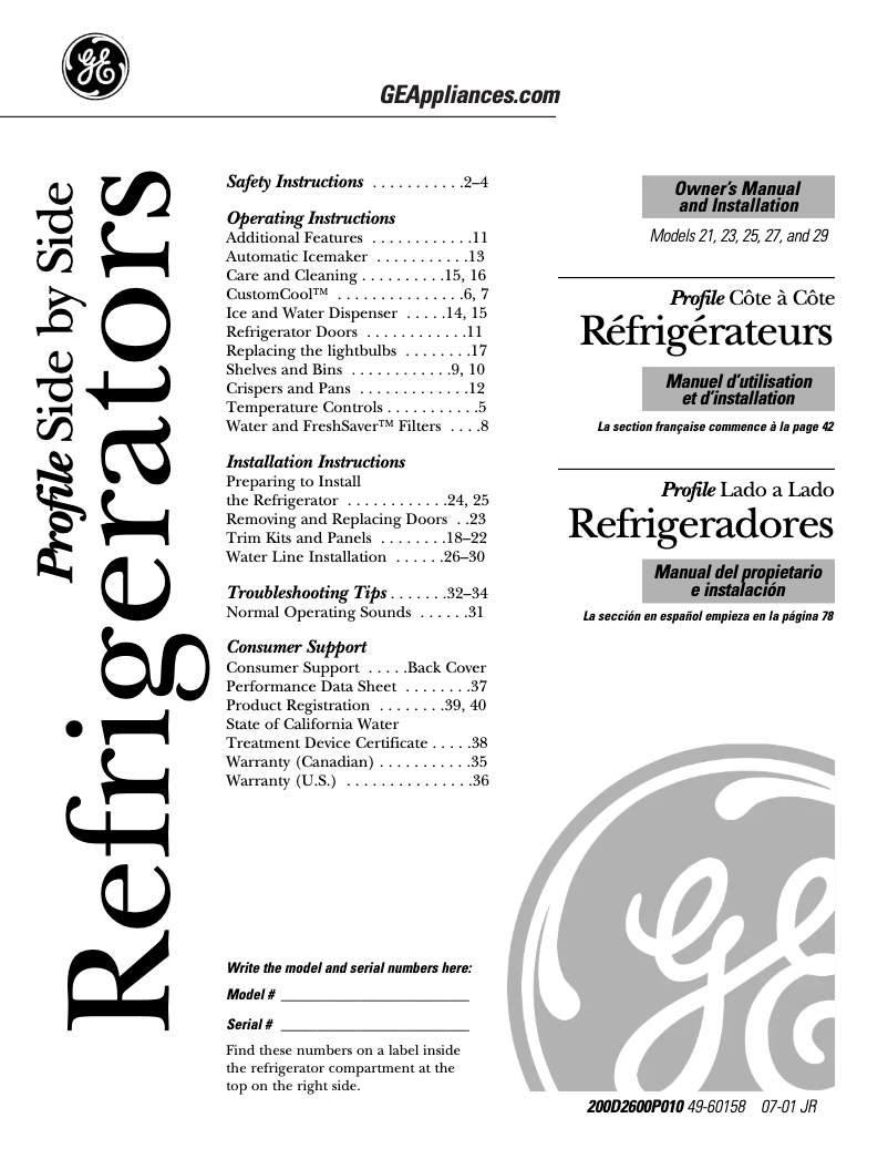Page 1 de la notice Manuel d'utilisation et d'entretien GE Profile Arctica PSS29NGMBB