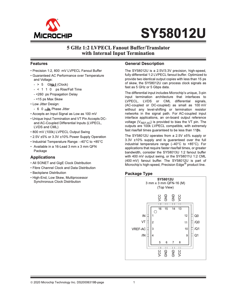 Page 1 de la notice Manuel utilisateur Microchip SY58012U
