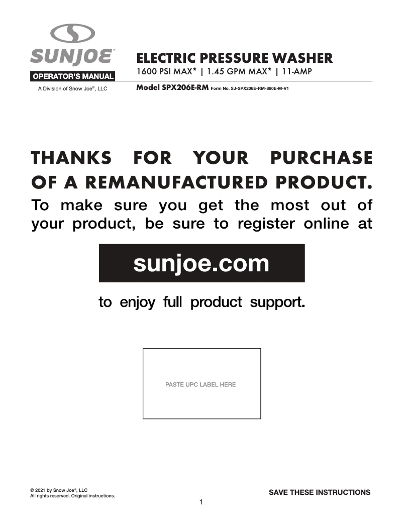 Page n°1 - Manuel utilisateur Sun Joe SPX206E-RM