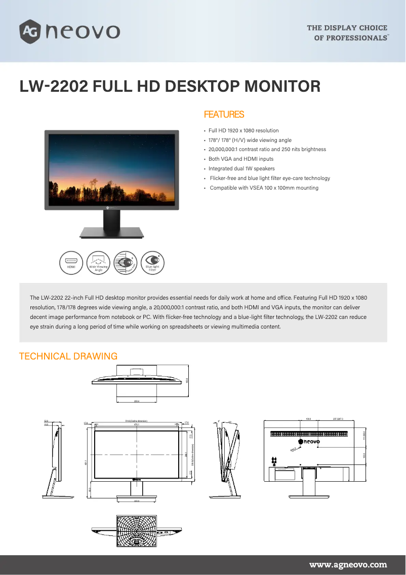 Page 1 de la notice Fiche technique AG Neovo LW-2202