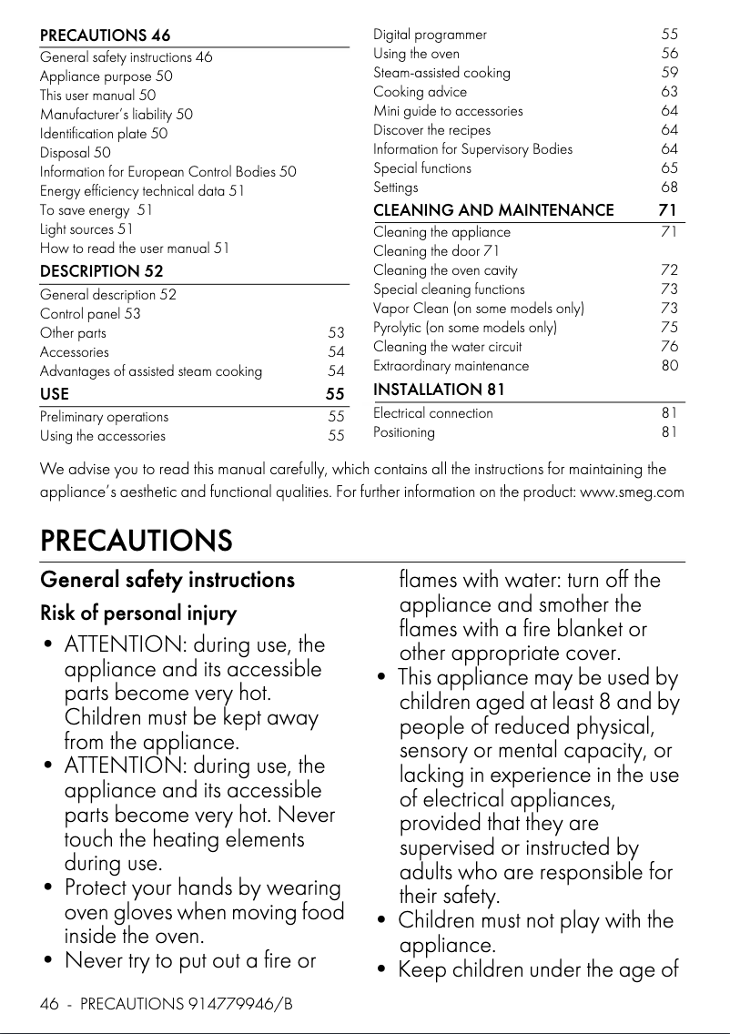 Página 1 del manual Folleto Smeg SOP6401S2N