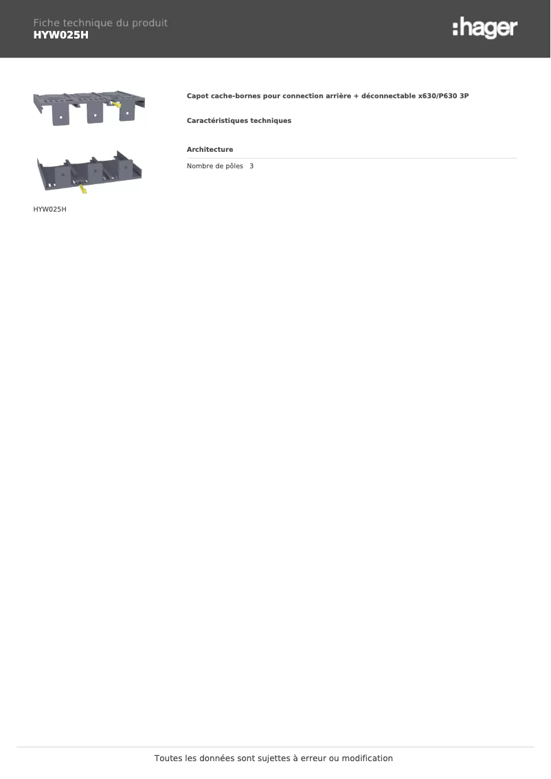 Page 1 de la notice Fiche technique Hager HYW025H