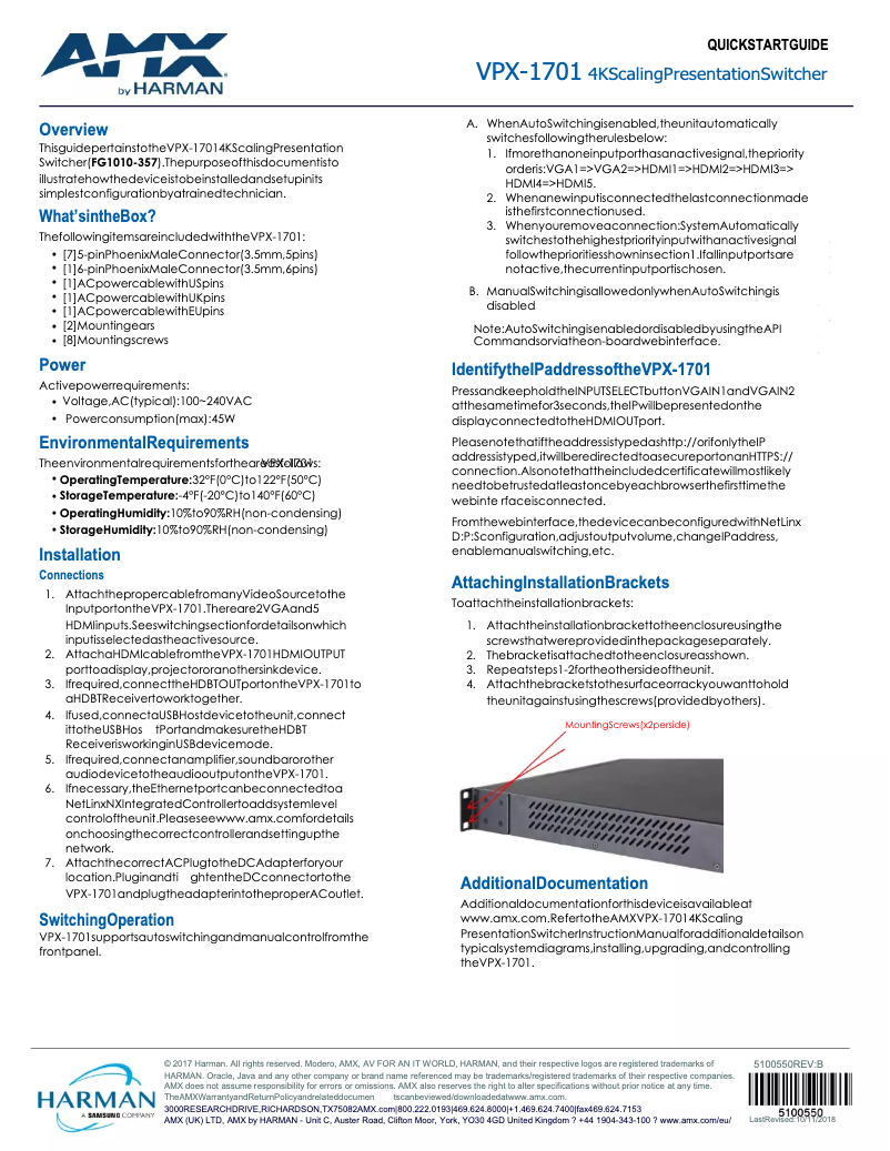 Page 1 de la notice Guide de démarrage rapide AMX VPX-1701