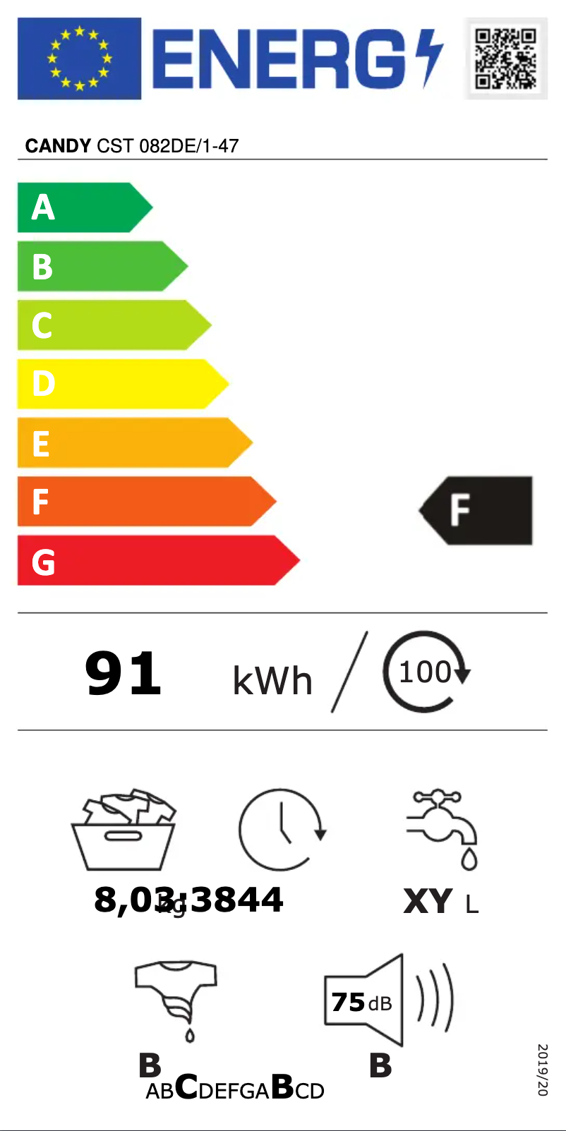 Page 1 de la notice Label énergétique Candy CST 082DE/1-47
