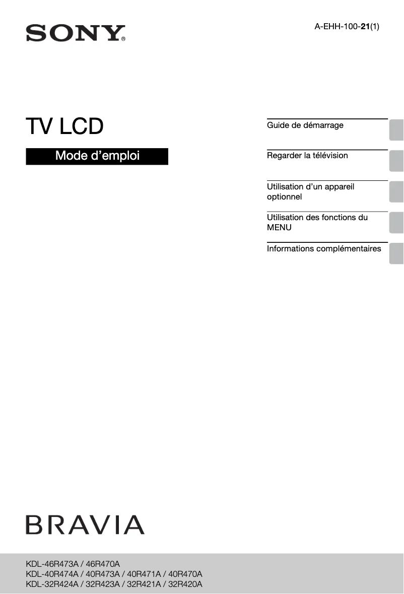 Page 1 de la notice Manuel utilisateur Sony KDL-46R473A
