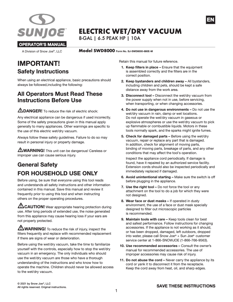 Page n°1 - Manuel utilisateur Sun Joe SWD8000