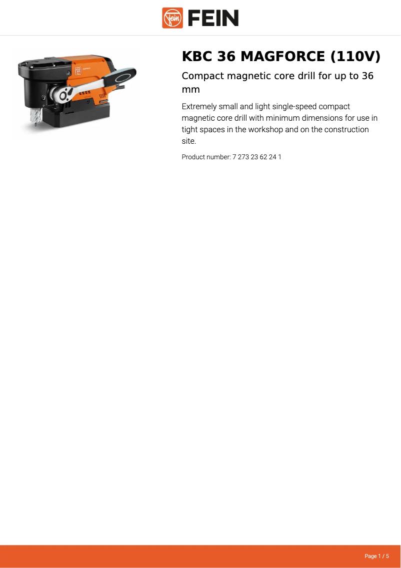 Page 1 de la notice Fiche technique Fein KBC 36 MAGFORCE