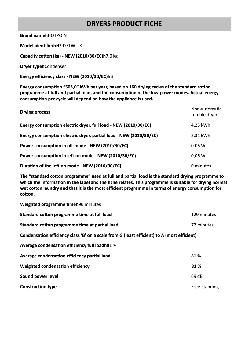 Page 1 de la notice Fiche technique Hotpoint H2 D71W UK