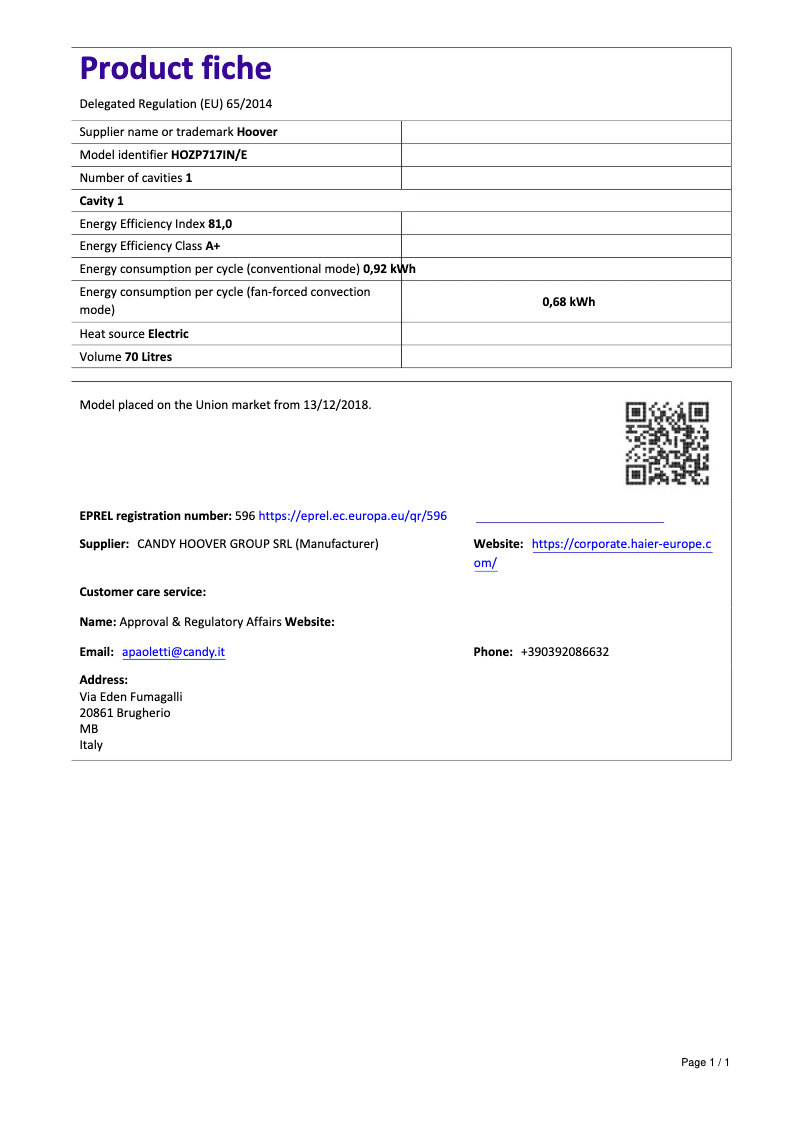 Page 1 de la notice Fiche technique Hoover HOZP717IN/E