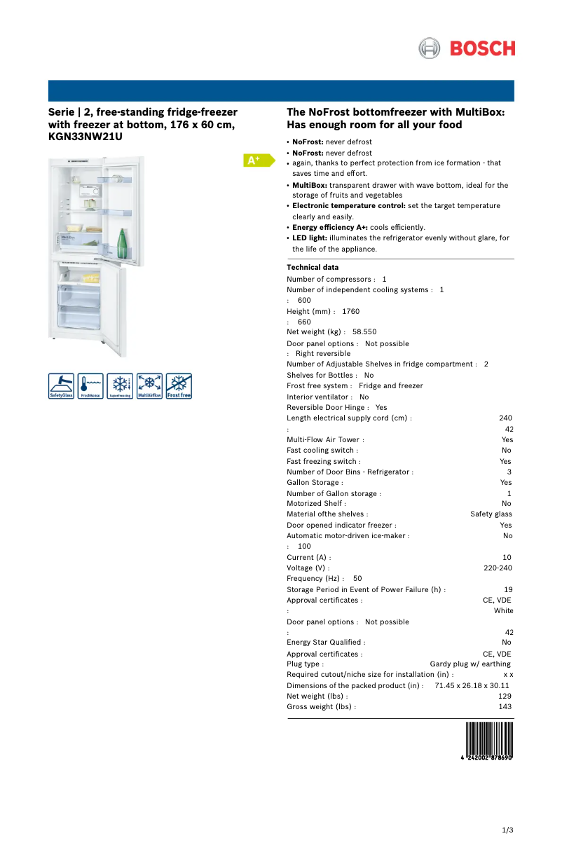 Page n°1 - Fiche technique Bosch KGN33NW21U