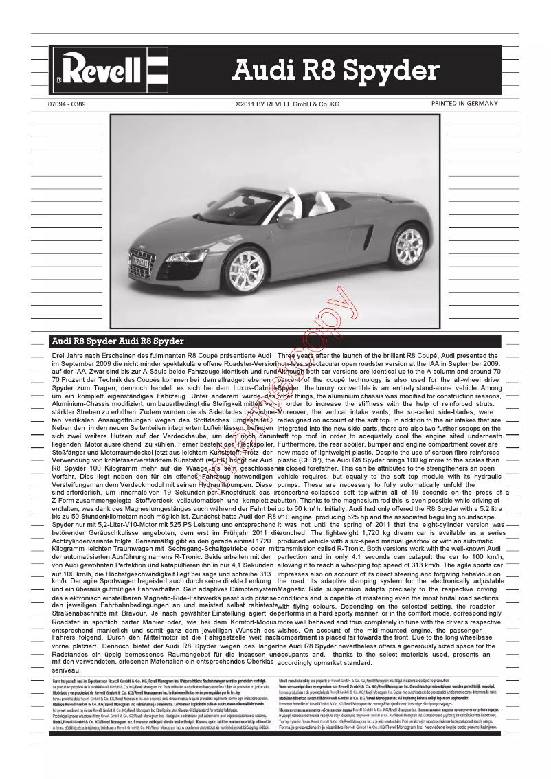 Image de la première page du manuel de l'appareil AUDI R8 SPYDER