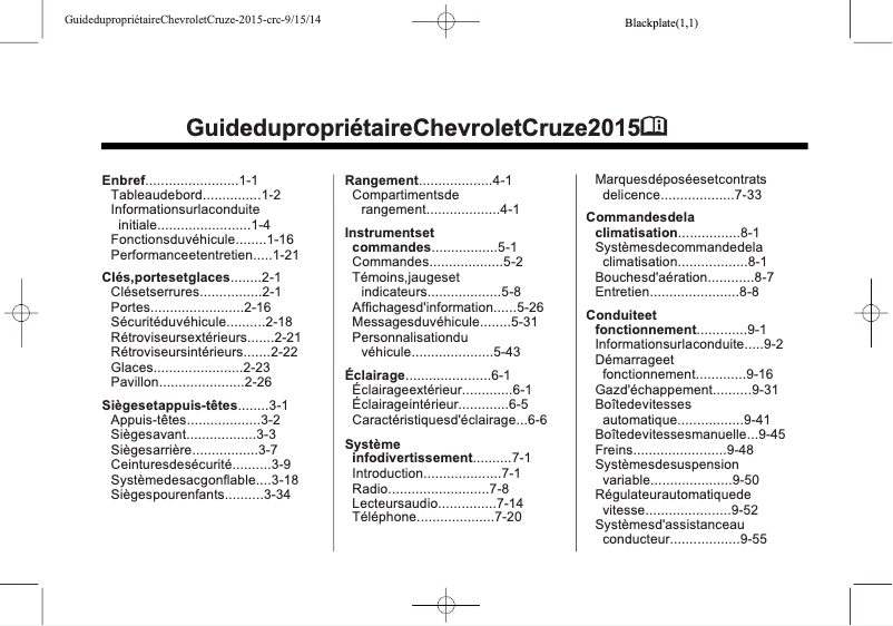 Image de la première page du manuel de l'appareil Cruze (2015)