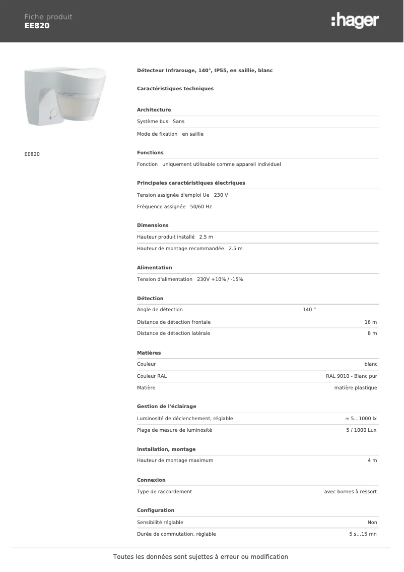 Page 1 de la notice Fiche technique Hager EE820