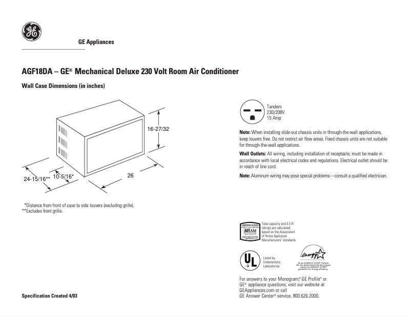 Page n°1 - Fiche technique GE AGF18DA