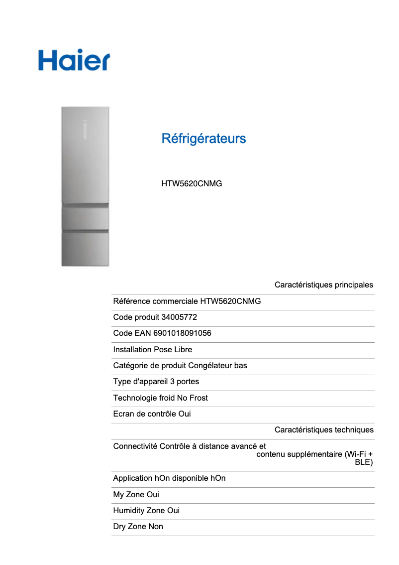 Page 1 de la notice Label énergétique Haier HTW5620CNMG