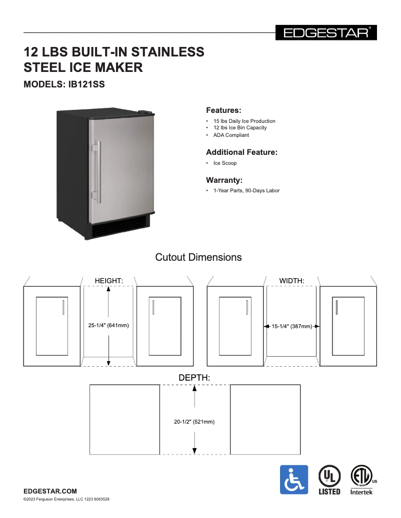 Page 1 de la notice Fiche technique EdgeStar IB121SS