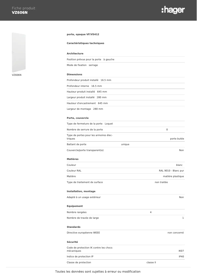 Page n°1 - Fiche technique Hager VZ606N