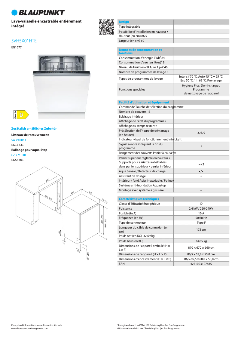 Page n°1 - Fiche technique Blaupunkt 5VH5X01HTE