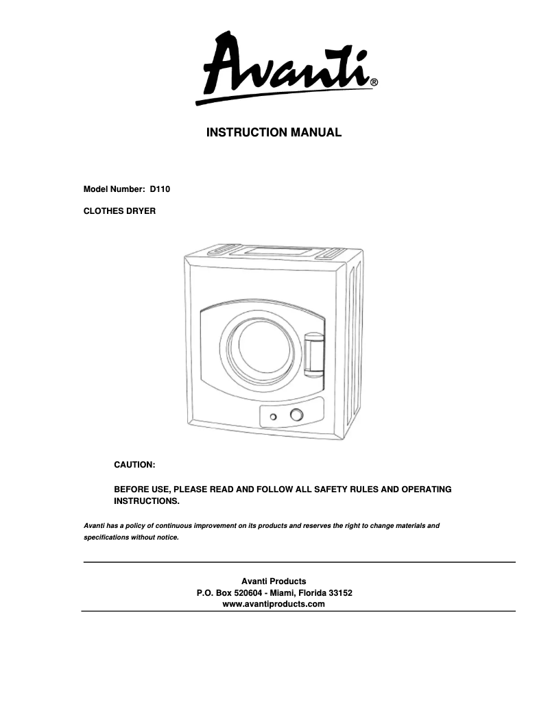 Page 1 de la notice Manuel utilisateur Avanti D110