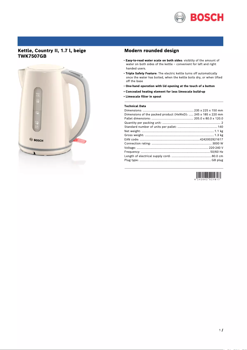 Page n°1 - Fiche technique Bosch TWK7507GB