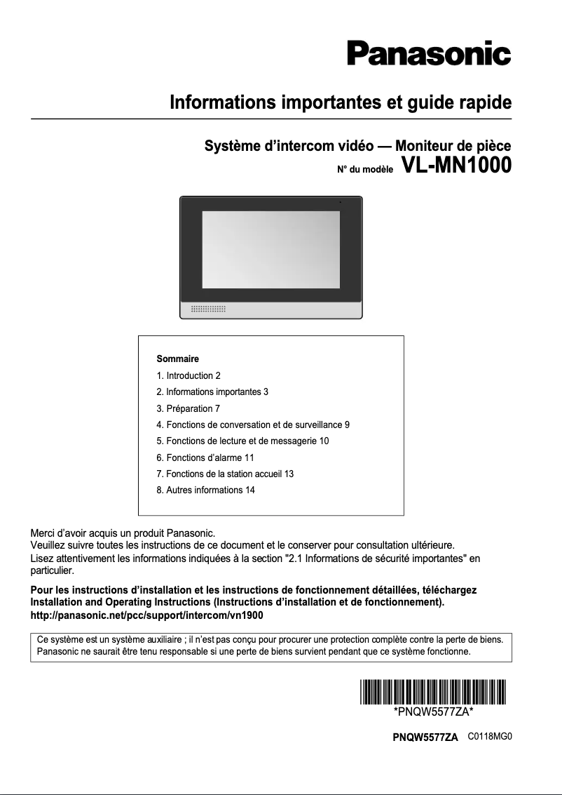 Image de la première page du manuel de l'appareil VL-MN1000
