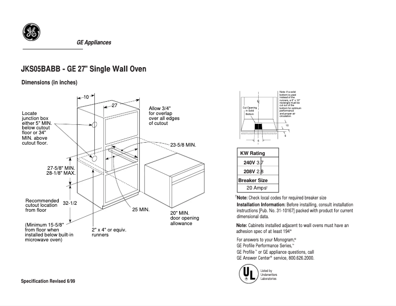 Page n°1 - Fiche technique GE JKS05BABB