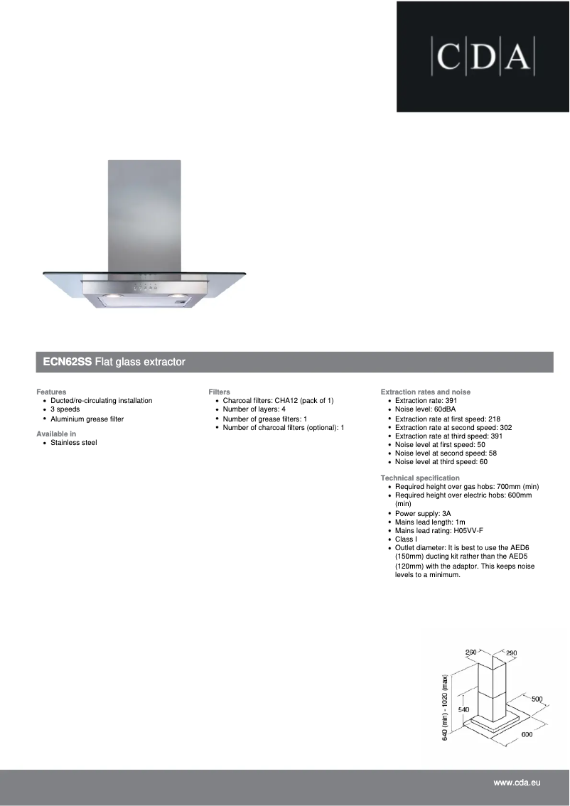 Page 1 of the manual Technical Sheet CDA ECN62SS