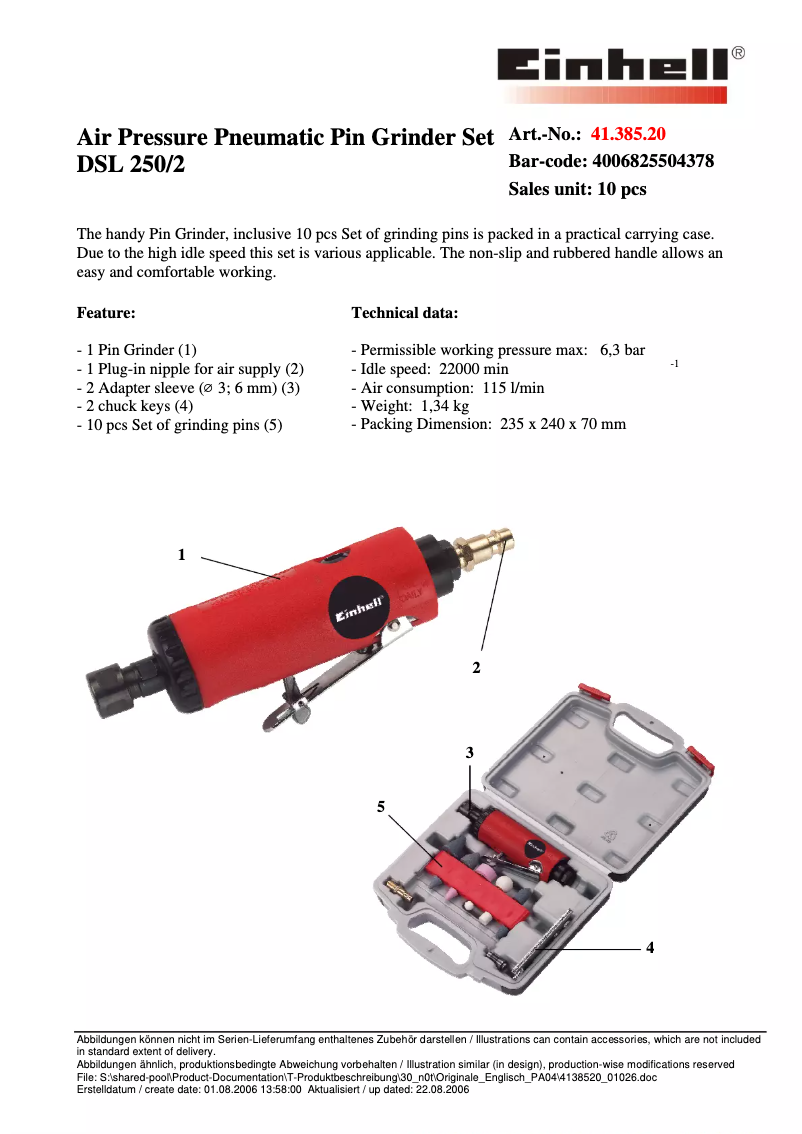 Page 1 de la notice Fiche technique Einhell DSL 250/2