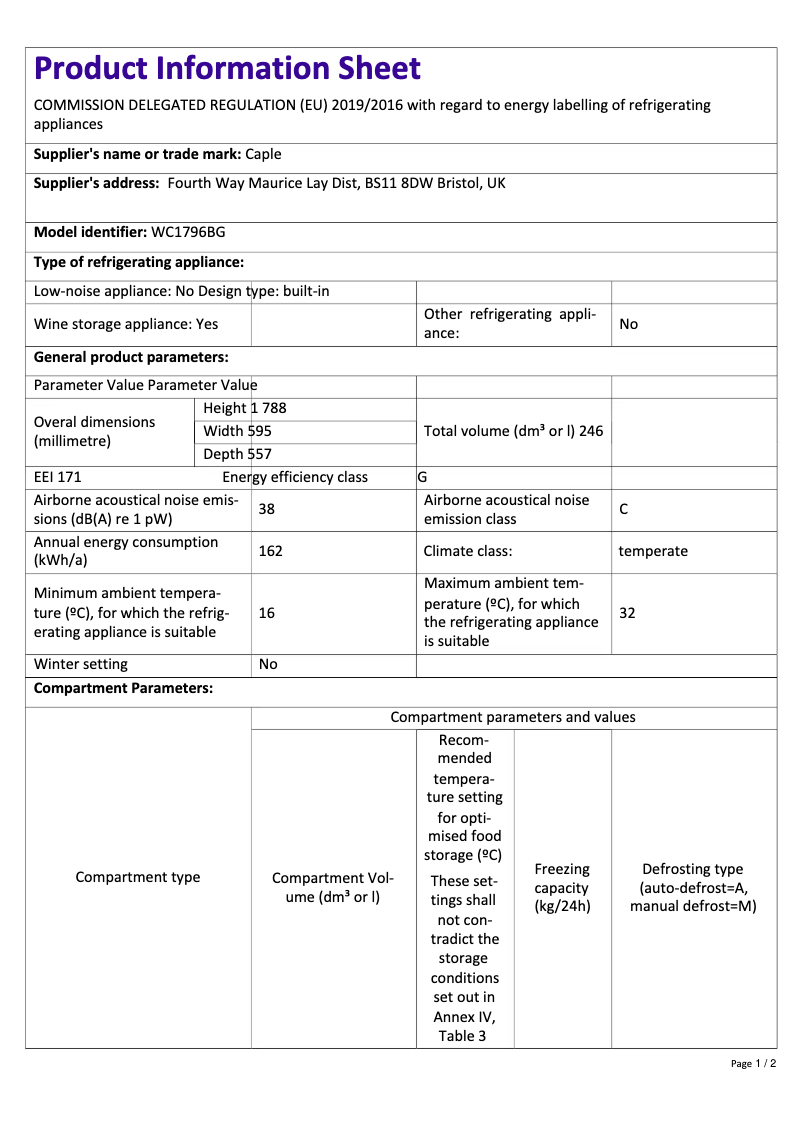 Image de la première page du manuel de l'appareil WC1796BG