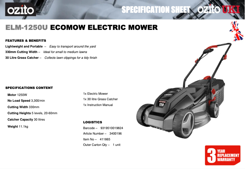 Page 1 de la notice Fiche technique Ozito ELM-1250U