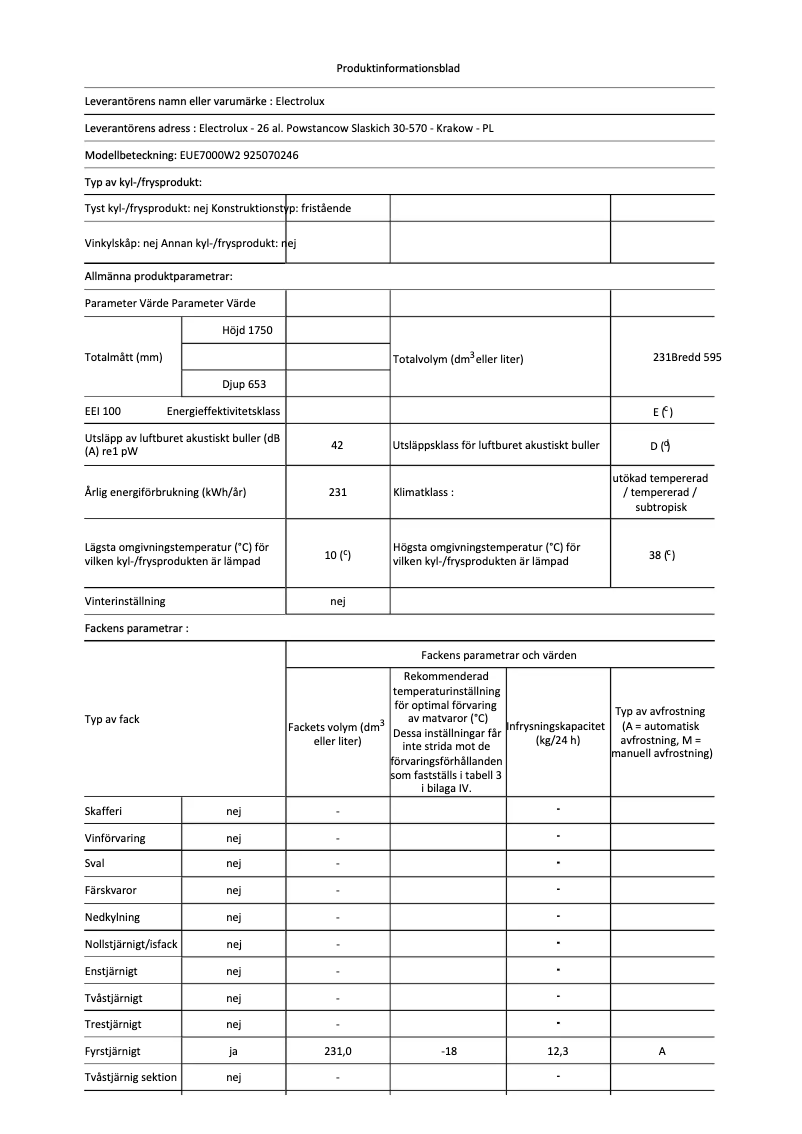 Page 1 de la notice Fiche technique Electrolux EUE7000W2