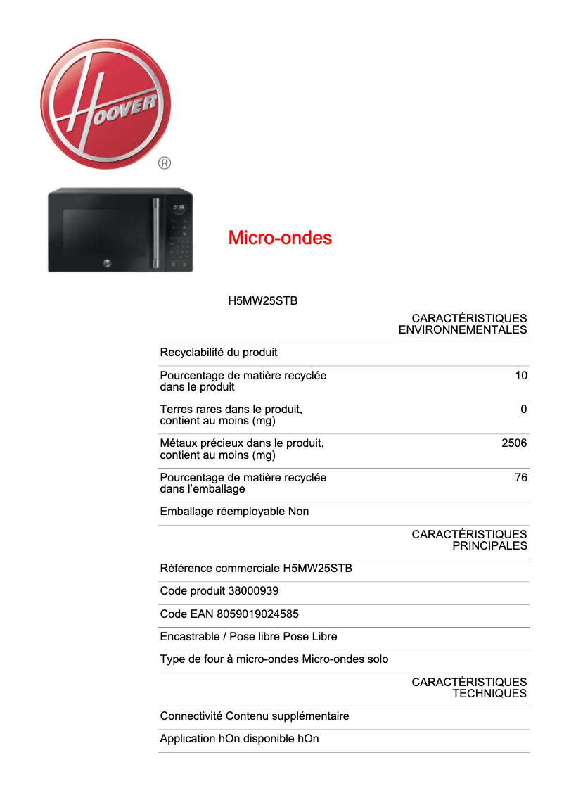 Page 1 de la notice Manuel utilisateur Hoover H5MW25STB