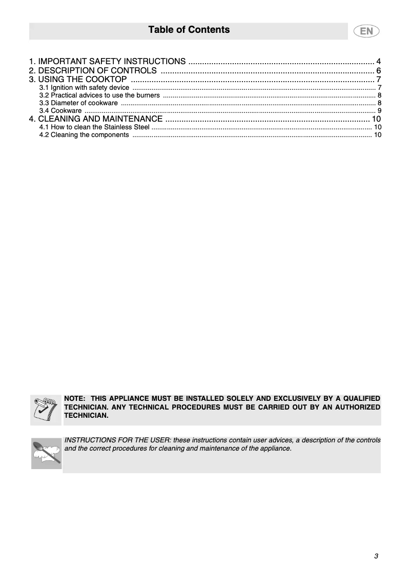 Page 1 de la notice Manuel d'utilisation et d'entretien Smeg PGFU36X