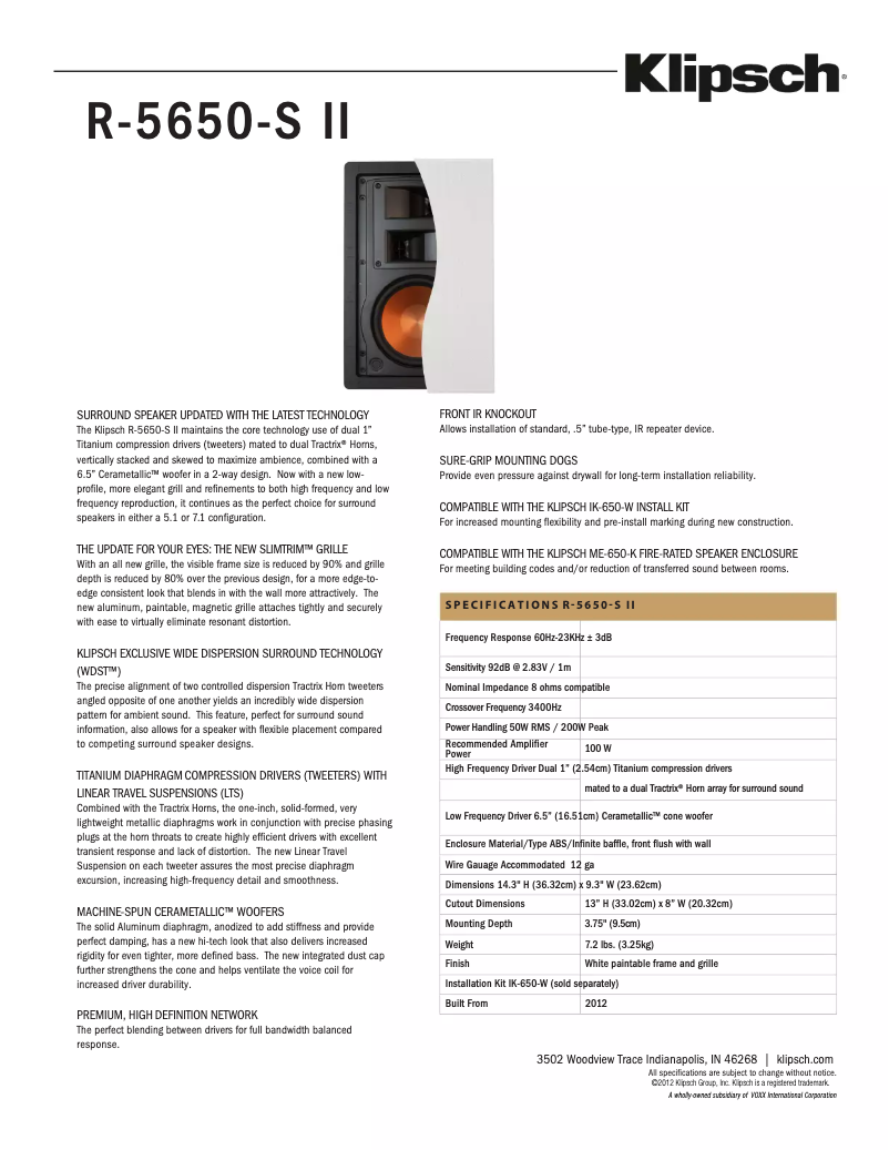 Page 1 de la notice Fiche technique Klipsch R-5650-S II