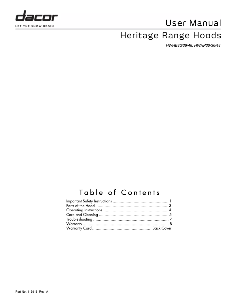 Page n°1 - Manuel utilisateur Dacor HWHE4812S