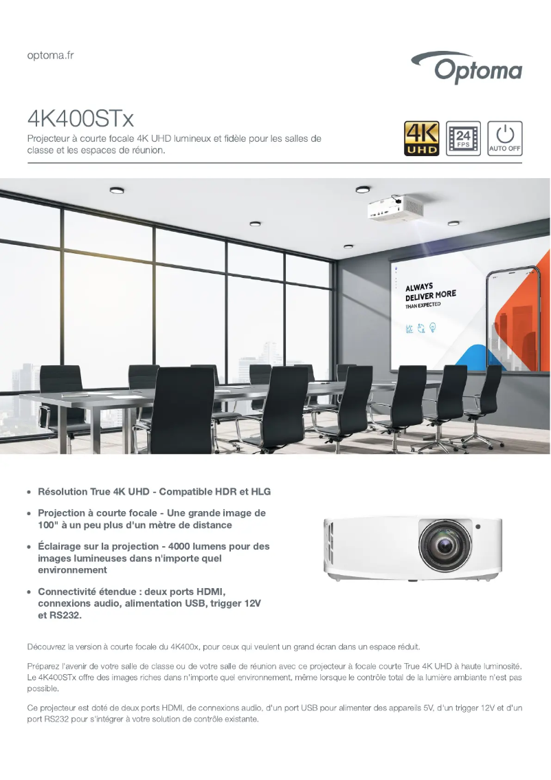Page 1 de la notice Fiche technique Optoma 4K400STx