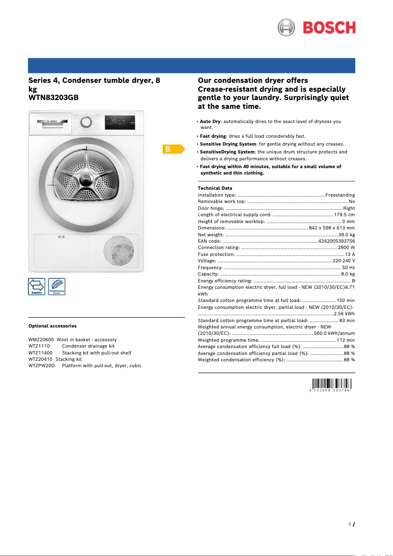 Page n°1 - Fiche technique Bosch WTN83203GB