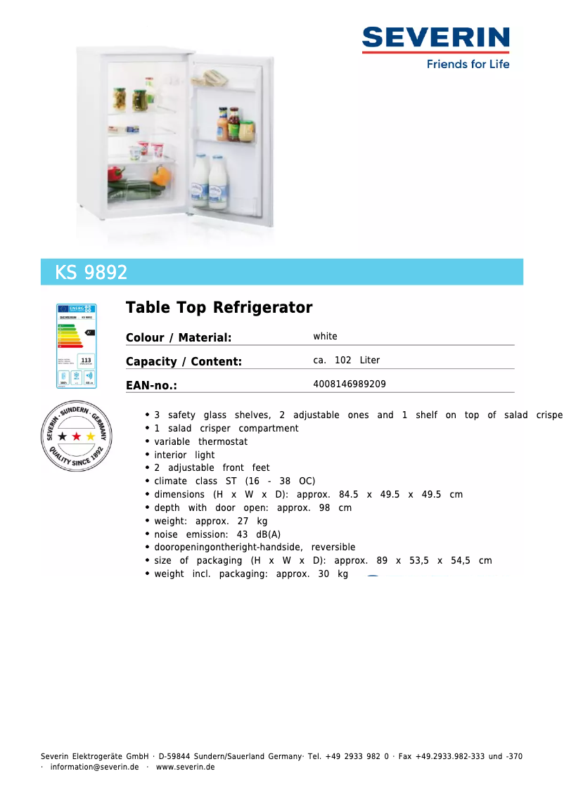 Page 1 de la notice Fiche technique Severin KS 9892