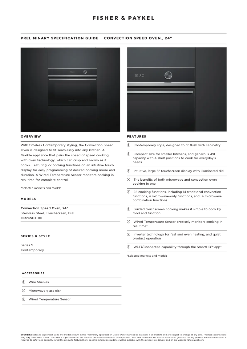 Page 1 de la notice Fiche technique Fisher & Paykel OM24NDTDX1