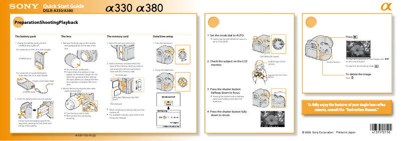 Page n°1 - Guide d'installation Sony Alpha DSLR-A380H