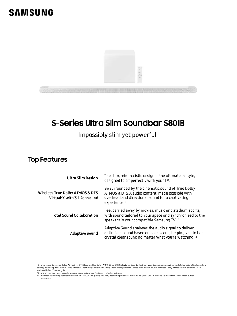 Page 1 de la notice Fiche technique Samsung HW-S801B