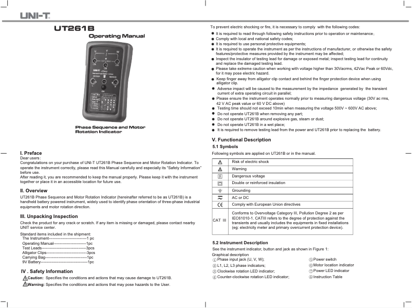 Page 1 de la notice Manuel utilisateur Uni-T UT261B