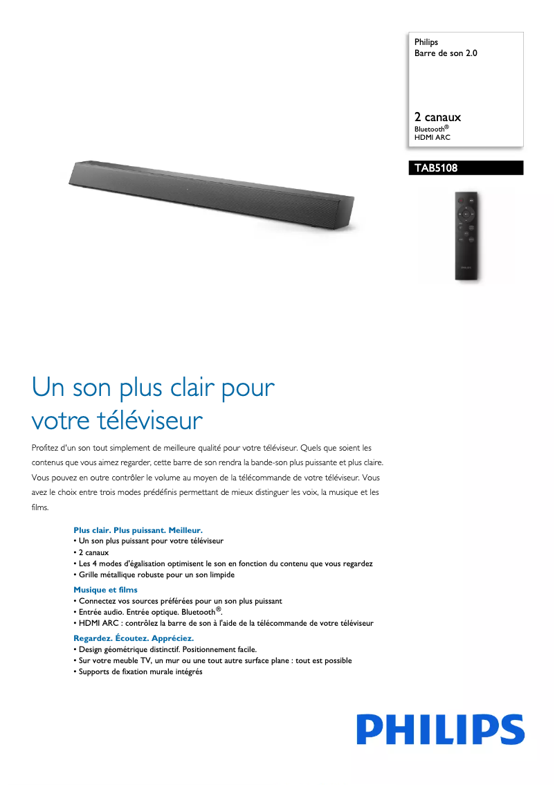Page 1 de la notice Fiche technique Philips TAB5108