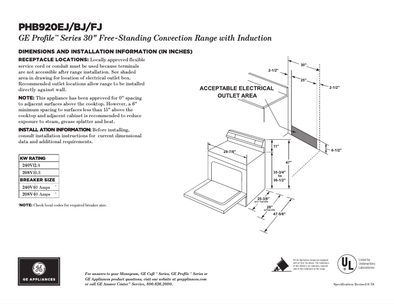Page n°1 - Fiche technique GE Profile PHB920BJTS