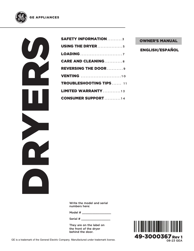 Page n°1 - Manuel d'utilisation et d'entretien GE GTD48GASWWB