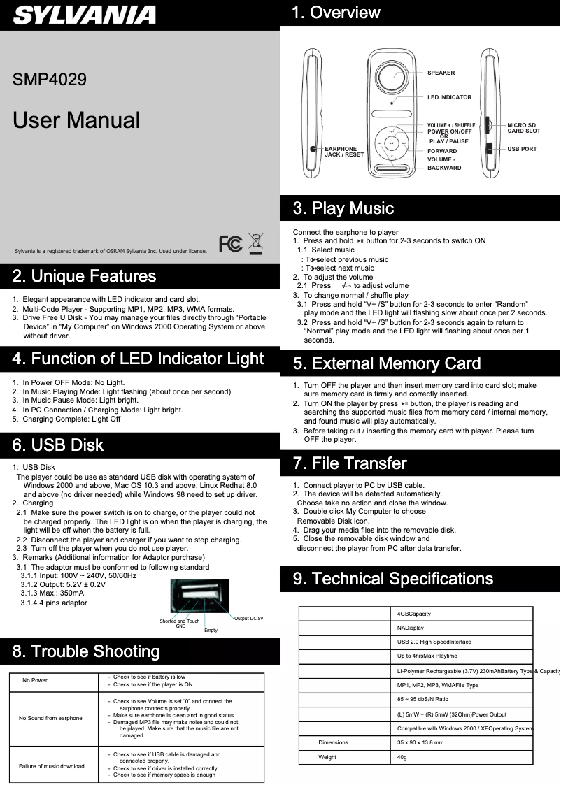 Page 1 de la notice Manuel utilisateur Sylvania SMP4029