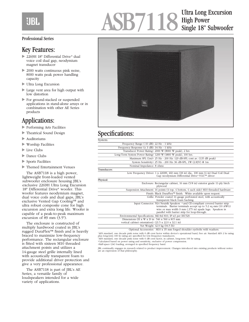 Page 1 de la notice Brochure JBL ASB7118