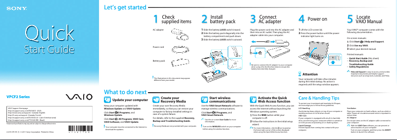 Page 1 de la notice Guide d'installation Sony Vaio VPCF245