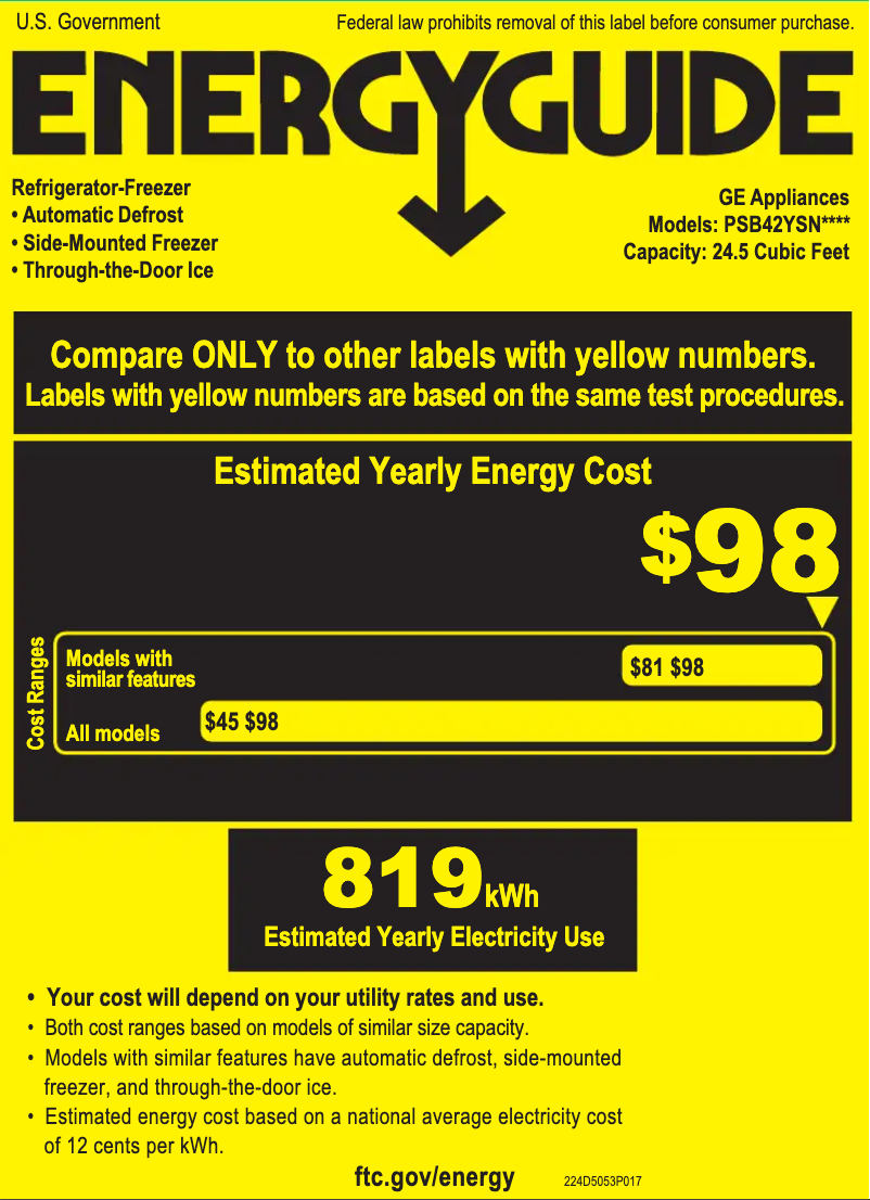 Page 1 de la notice Label énergétique GE PYE22PYNFS